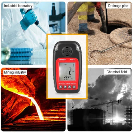 Wintact Hydrogen Sulfide Gas Detector for Safety Monitoring handheld H2S monitor shown with laboratory, drainage, mining and chemical site use