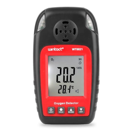Wintact Portable Oxygen Detector for Gas Level Monitoring handheld device showing 20.2% O2 on LCD—compact oxygen detector for homes, labs, confined spaces