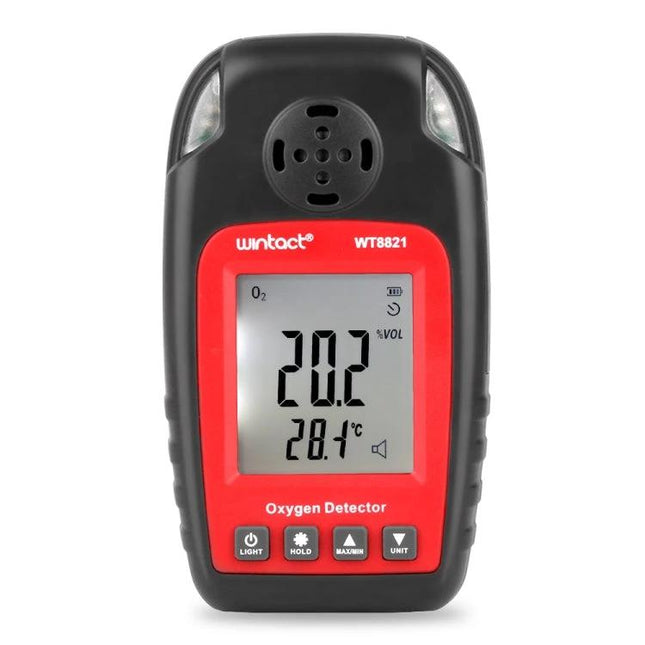 Wintact Portable Oxygen Detector for Gas Level Monitoring handheld device showing 20.2% O2 on LCD—compact oxygen detector for homes, labs, confined spaces