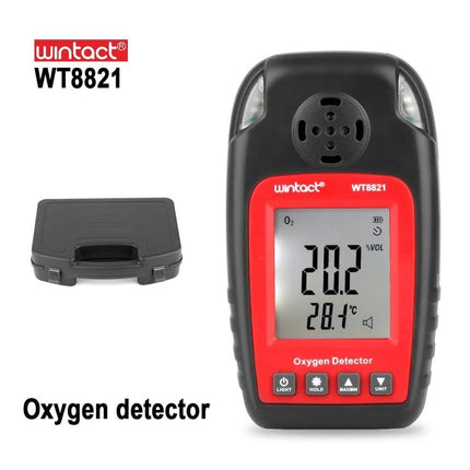 Wintact Portable Oxygen Detector for Gas Level Monitoring handheld WT8821 showing 20.2% O2 display with carrying case