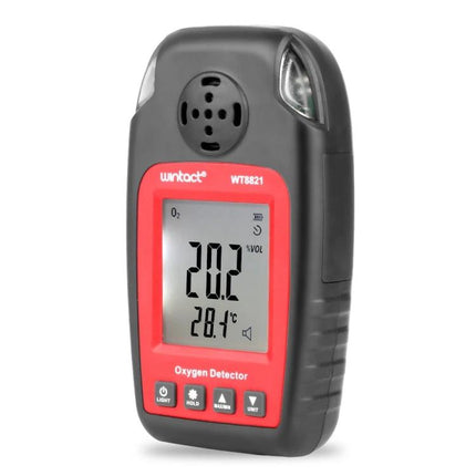Wintact Portable Oxygen Detector for Gas Level Monitoring handheld device showing 20.2% O2 and 28.1°C on display