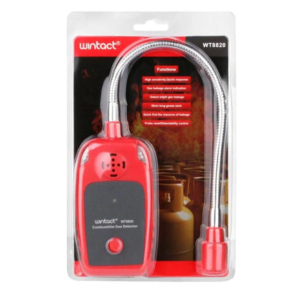 WINTACT Home Combustible Gas Leak Detector for Natural Gas Leak Safety handheld red gas detector in retail packaging with flexible probe
