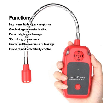 WINTACT Home Combustible Gas Leak Detector for Natural Gas Leak Safety handheld red detector with 30cm gooseneck being used to find gas leaks