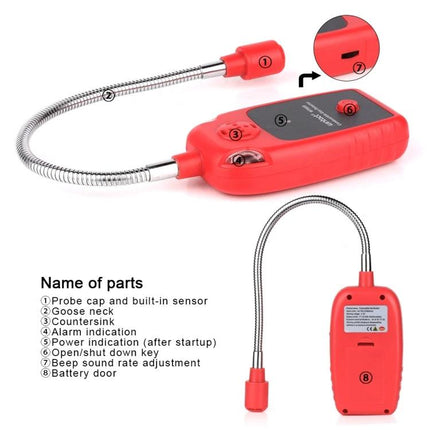 WINTACT Home Combustible Gas Leak Detector for Natural Gas Leak Safety handheld red probe with flexible goose neck and labeled parts