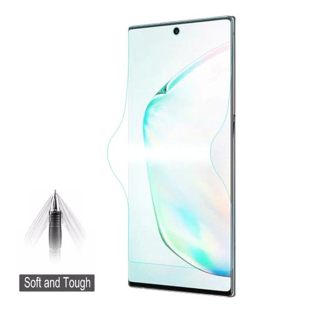 ENKAY 0.1mm Hydrogel Full Screen Protector for Galaxy Note10 shown on a Galaxy Note10 with soft-tough hydrogel layer protecting the display