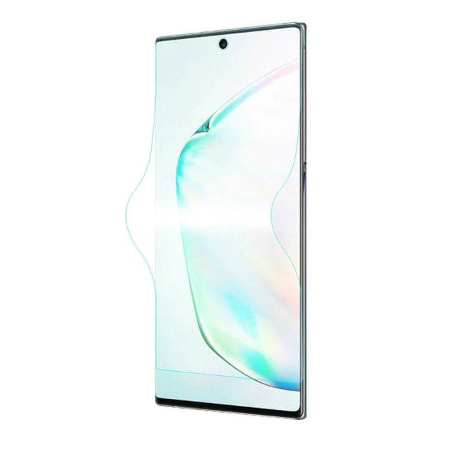 ENKAY 0.1mm Hydrogel Full Screen Protector for Galaxy Note10 shown on a Galaxy Note10 with full-coverage thin clear film preserving touch sensitivity