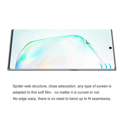 ENKAY 0.1mm Hydrogel Full Screen Protector for Galaxy Note10 on phone showing edge-to-edge fit and clear touch responsiveness