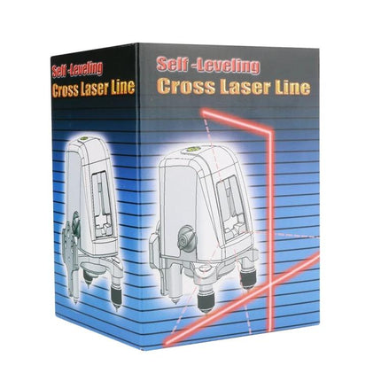 Compact Laser Level for Everyday Home Alignment Projects LOMVUM self-leveling cross laser line box showing red vertical and horizontal beams