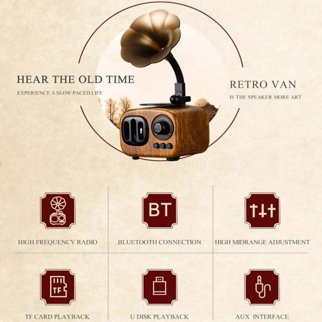 Wooden Bluetooth Speaker With Retro Wood Finish For Travel shown with gramophone horn, TF card, USB and AUX icons, portable