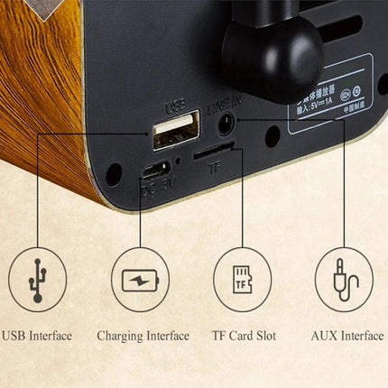 Wooden Bluetooth Speaker With Retro Wood Finish For Travel showing USB, TF card slot, AUX and charging ports