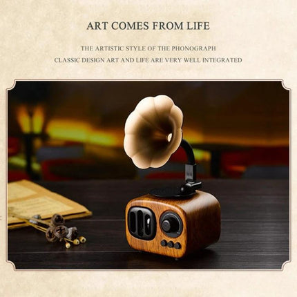 Wooden Bluetooth Speaker With Retro Wood Finish For Travel placed on table with horn speaker design, TF USB AUX, speakerphone