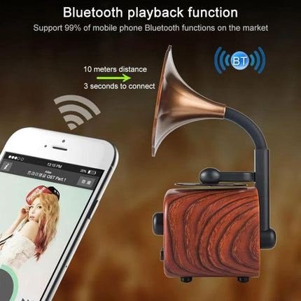Wooden Bluetooth Speaker With Retro Wood Finish For Travel shown with smartphone, TF/USB/AUX ports, speakerphone and horn design