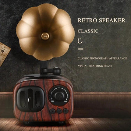 Wooden Bluetooth Speaker With Retro Wood Finish For Travel on picnic table with brass horn, AUX TF USB, speakerphone controls