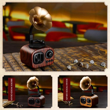 Wooden Bluetooth Speaker With Retro Wood Finish For Travel on table, portable gramophone-style design for outdoor use