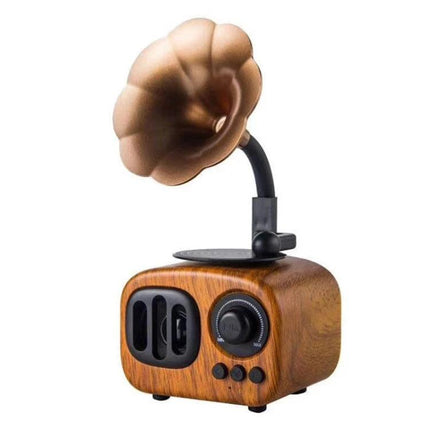 Wooden Bluetooth Speaker With Retro Wood Finish For Travel shown with gramophone horn, dials, TF/USB/AUX ports, portable design