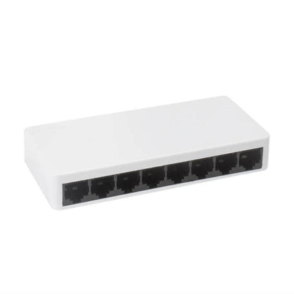 Compact 8-Port Ethernet Switch for Simple Network Connections in white housing showing eight RJ45 ports, ideal for home office plug-and-play networking