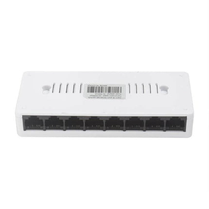 Compact 8-Port Ethernet Switch for Simple Network Connections white compact device showing eight RJ45 ports for home office plug-and-play