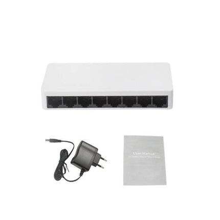 Compact 8-Port Ethernet Switch for Simple Network Connections white plug-and-play switch with power adapter and manual
