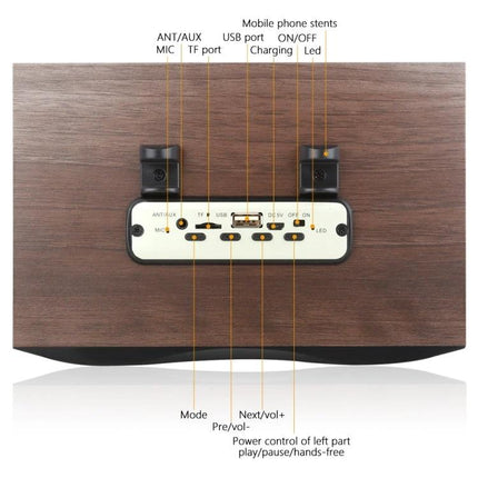 Wooden Bluetooth Speaker For Home Listening Compact showing rear ports TF card USB aux mic charging and control buttons