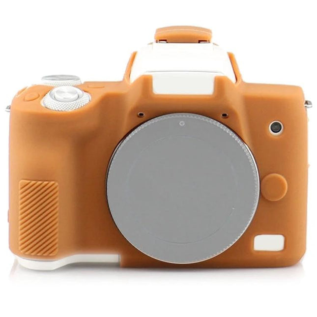 Richwell Silicone Protective Case for Canon EOS M50 Camera in orange silicone fitted on camera body, front view showing grip and lens cap access
