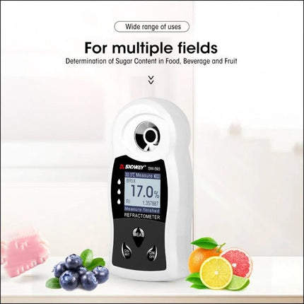 SNDWAY Digital Refractometer for Sugar Measurement in Beverages and Fruit handheld Brix meter showing 17.0% reading with fruit next to device