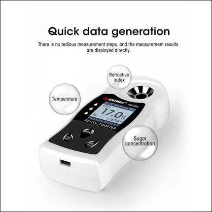 SNDWAY Digital Refractometer for Sugar Measurement in Beverages and Fruit - handheld Brix refractometer showing 17.0% sugar, temperature and refractive index display