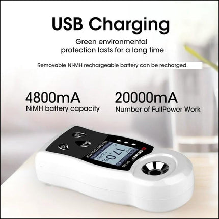 SNDWAY Digital Refractometer for Sugar Measurement in Beverages and Fruit showing USB charging, battery specs and device display