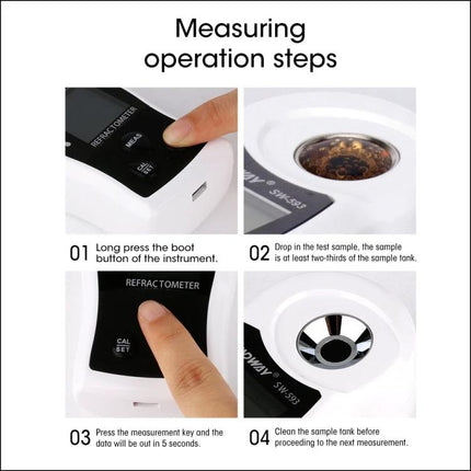 SNDWAY Digital Refractometer for Sugar Measurement in Beverages and Fruit showing step-by-step measuring operation with sample tank and control buttons