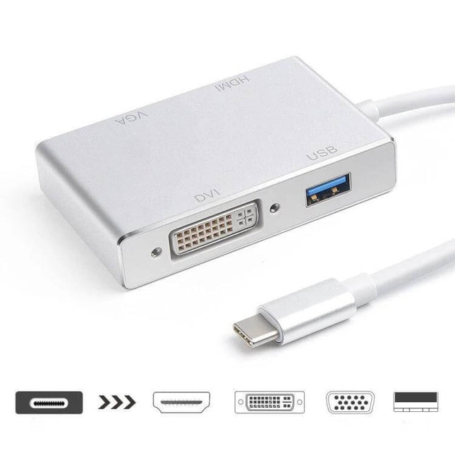 USB-C 4-in-1 Multiport Adapter for HDMI, VGA, DVI, USB Outputs - silver hub showing HDMI, DVI, VGA and USB3.0 ports for laptop connection