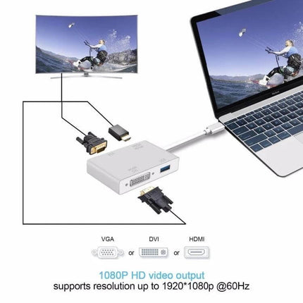 USB-C 4-in-1 Multiport Adapter for HDMI, VGA, DVI, USB Outputs connected to laptop showing HDMI VGA DVI display options
