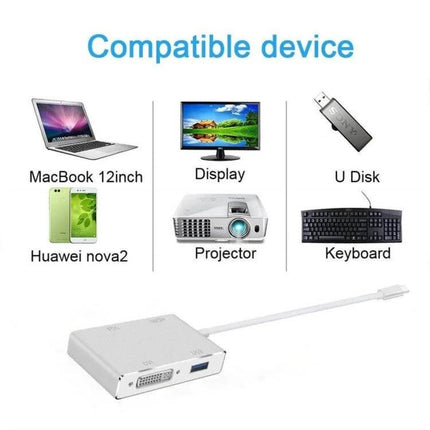 USB-C 4-in-1 Multiport Adapter for HDMI, VGA, DVI, USB Outputs connecting laptop to display, projector, keyboard and U disk