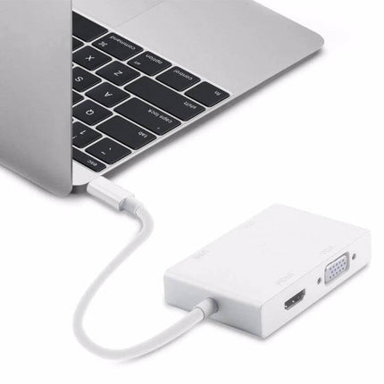 Usb-C 4-in-1 Multiport Adapter for HDMI, VGA, DVI, USB Outputs connected to laptop for presentations and monitor mirroring