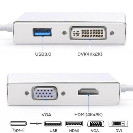 USB-C 4-in-1 Multiport Adapter for HDMI, VGA, DVI, USB Outputs showing USB3.0, DVI, VGA and HDMI ports