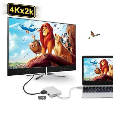 USB-C 4-in-1 Multiport Adapter for HDMI, VGA, DVI, USB Outputs connected to laptop and 4K monitor showcasing screen mirroring