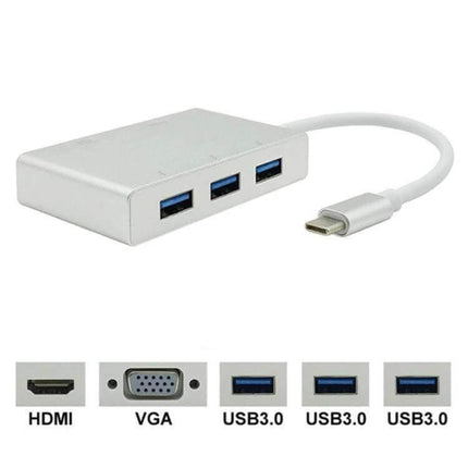 USB C Multiport Adapter for HDMI, VGA, and USB Connections - silver hub with HDMI, VGA, and three USB 3.0 ports attached to USB-C cable