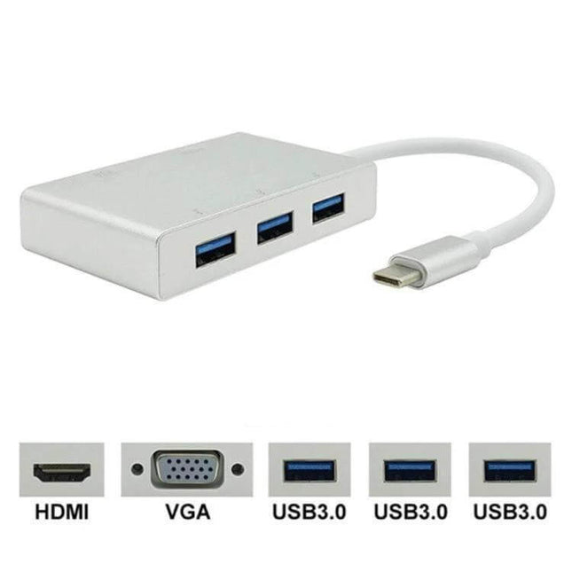 USB C Multiport Adapter for HDMI, VGA, and USB Connections - silver hub with HDMI, VGA, and three USB 3.0 ports attached to USB-C cable