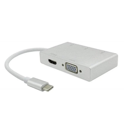 USB C Multiport Adapter for HDMI, VGA, and USB Connections connecting laptop to monitor, HDMI and VGA ports visible