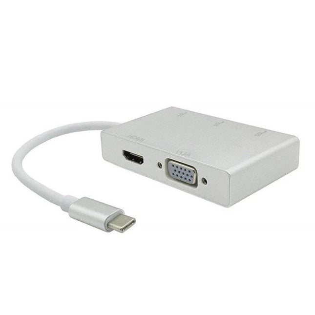 USB C Multiport Adapter for HDMI, VGA, and USB Connections connecting laptop to monitor, HDMI and VGA ports visible