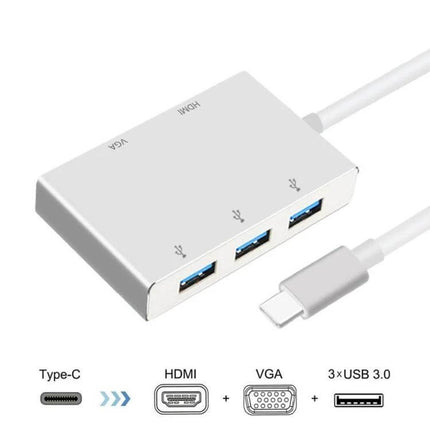 USB C Multiport Adapter for HDMI, VGA, and USB Connections - silver hub with HDMI, VGA and 3 USB 3.0 ports for laptop presentations and peripherals