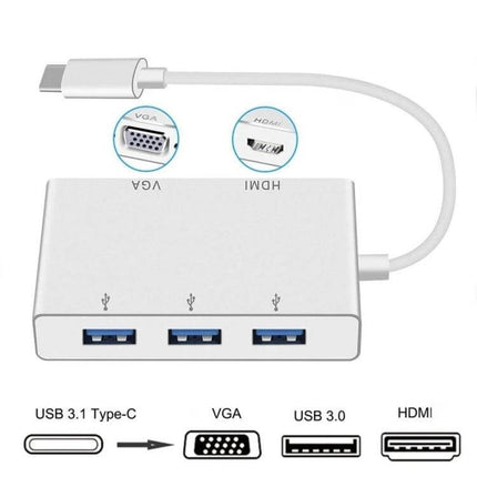 USB C Multiport Adapter for HDMI, VGA, and USB Connections white hub showing HDMI, VGA and three USB 3.0 ports for laptop connectivity