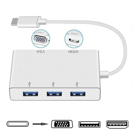 USB C Multiport Adapter for HDMI, VGA, and USB Connections — white USB-C to HDMI VGA and 3x USB-A hub for laptop presentations and peripherals