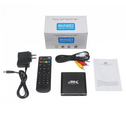 Versatile 4K HD Media Player for Home TV and Projector Use - compact 4K media player kit with remote, power adapter, HDMI/AV cables and manual