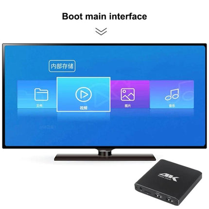 Versatile 4K HD Media Player for Home TV and Projector Use - boot main interface on TV showing video, photo, music icons and 4K player device