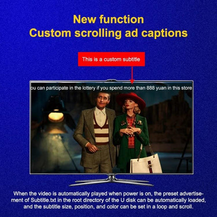 JEDX 4K HD Player for Automatic Video Looping and Display showing custom scrolling ad captions on a TV screen