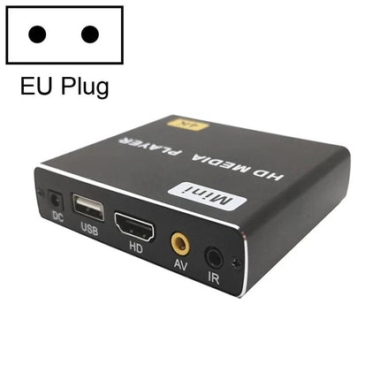 JEDX 4K HD Player for Automatic Video Looping and Display compact black media player with USB HDMI AV IR ports and EU plug icon