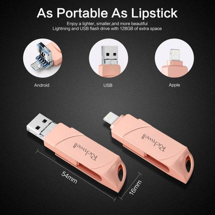 Richwell Flash Drive for Storing Files on the Go - rose gold lightning and USB plug-and-play drive for iPhone, Android, Macbook backups, 128GB option