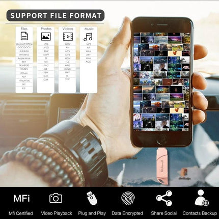 Richwell Flash Drive for Storing Files on the Go plugged into iPhone showing photo thumbnails and supported file formats