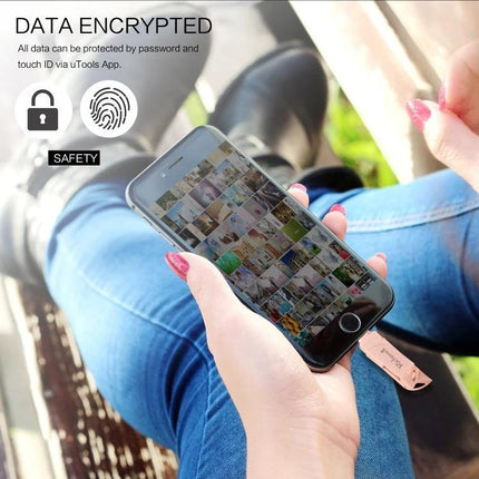 Richwell Flash Drive for Storing Files on the Go plugged into iPhone showing photo backup and encrypted safety icons, portable plug-and-play storage