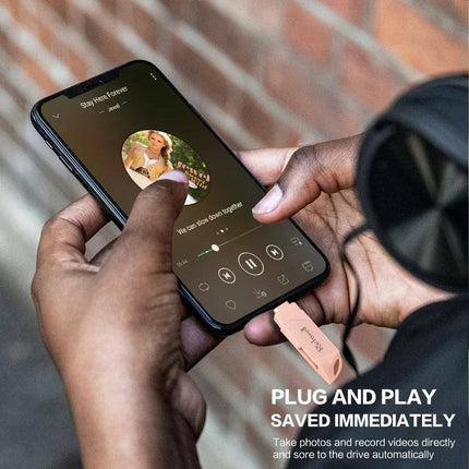 Richwell Flash Drive for Storing Files on the Go - person plugging flash drive into iPhone for quick photo and music backup, plug-and-play