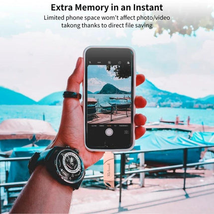 Richwell Flash Drive for Storing Files on the Go plugged into an iPhone showing travel photo for instant backup and file transfer